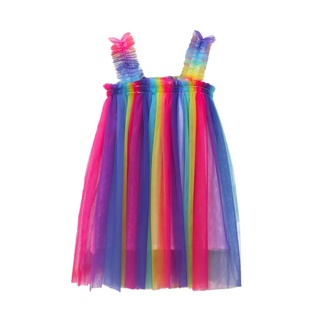 ✰Cj✪Vestido de liguero dulce de niña de verano moda arco iris hilo de malla costura una línea vestido de princesa