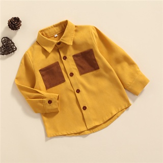◐Wv♧Primavera otoño pequeño niños camisa, creativo Color empalme doble bolsillo solapa de manga larga Tops de un solo pecho (2)