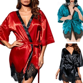 Ho mujeres Floral pestañas encaje recorte Kimono ropa de dormir túnica Color sólido más el tamaño S-4XL
