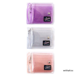 withakiss Transparent ID Card Holder PVC Folding Short Wallet Fashion Women Girl Glitter Business Cards Case Purse with Lanyard