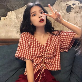 V-Cuello linterna manga a cuadros camisa cordón 2020 verano nuevo estilo coreano suelto corto manga corta top mujeres tendencia (1)