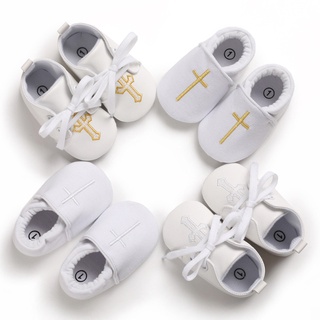 Blanco recién nacido zapatos de bautismo de bautizo cruz dorada bebé niños niños niñas Slip-on suela suave zapatos para K