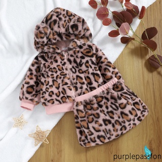 Purp-niña trajes de dos piezas traje de moda leopardo felpa manga larga abrigo y falda corta elástica