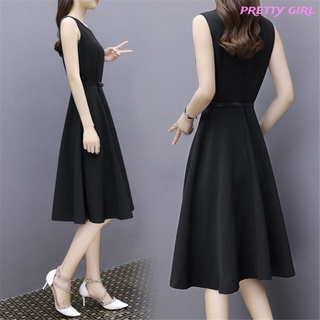 【Ready Stock】 Women Dress A-line Thin Type Sleeveless Dress Mid-length Dress With Belt