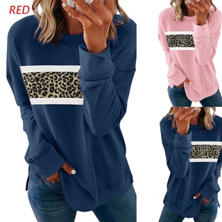 rojo para mujer de manga larga cuello redondo sudadera de contraste color rayas leopardo patchwork túnica tops lado dividido casual suelto jersey blusa streetwear