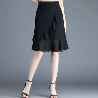 Falda corta de gasa negra falda de media longitud falda femenina cintura alta una línea de falda de cola de pez falda de cadera