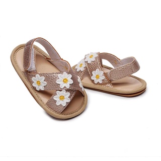 ☏On❈Zapatos planos antideslizantes para niñas, diseño Floral, sandalias de suela suave, blanco/ dorado/rosa