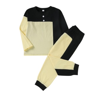 ✰Oa❂Conjunto de ropa de Color de contraste para niños, camiseta de manga larga con botones y pantalones elásticos (2)