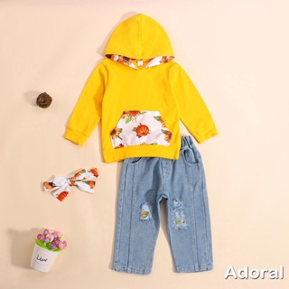 Ccct-Baby Girl 3Pcs otoño trajes, estampado Floral sudadera con capucha de manga larga + pantalones rasgados + conjunto de diadema
