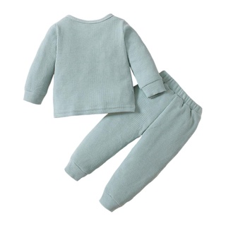 ✨Kw❂Conjunto de camiseta y pantalones casuales para niños, Color sólido, manga larga y pantalones largos (5)