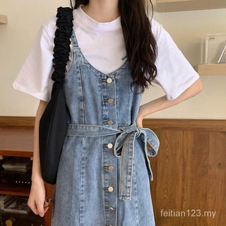2021new estilo coreano suelto liguero falda de las mujeres de verano de mezclilla falda de cintura adelgazar vestido de moda vestido largo (5)