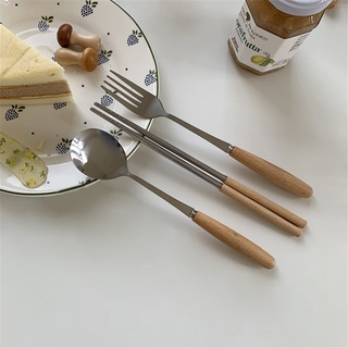 Estilo mango de madera de acero inoxidable vajilla palillos tenedor cuchara vajilla vajilla (1)