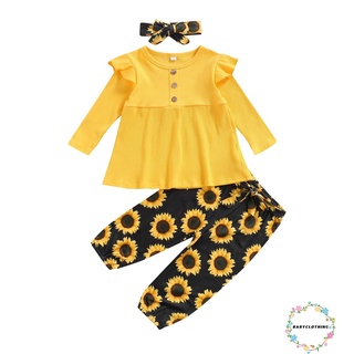 Bbcq-girls Casual conjunto de ropa de tres piezas, amarillo Color sólido jersey, Floral estampado pantalones y tocado