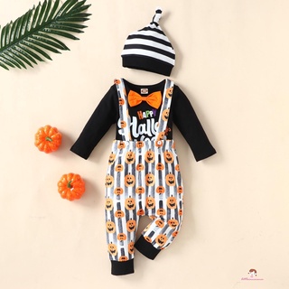 Xzq7-Baby Boy Halloween trajes conjunto, manga larga moño mameluco + pantalones babero + sombrero conjunto