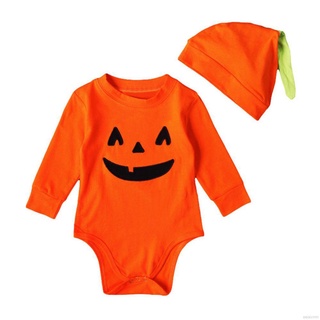Eeaivnm 2 unids/Set bebé recién nacido mameluco+sombrero de Halloween bebé ropa de calabaza impresión de algodón mono trajes mono ropa 0-18M