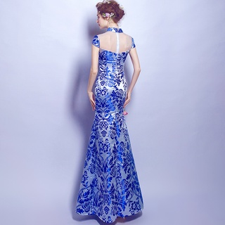 elegante azul y blanco porcelana etapa rendimiento y mostrar etiqueta de pasarela anfitrión vestido de novia y cheongsam venta al por mayor (3)