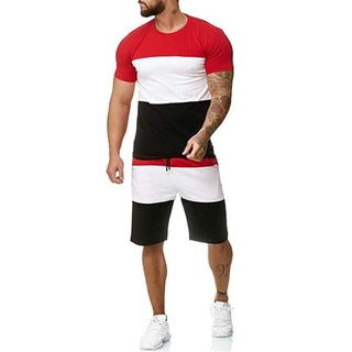 ☽Uf♣Conjunto de ropa deportiva de estilo deportivo para hombre, bloqueo de Color, manga corta, cuello redondo, camiseta con pantalones cortos (5)
