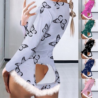 Prommotion mujeres mariposa impresión de manga larga ropa de dormir mono mono pijama mameluco alpozmc.br