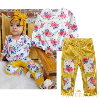 Pft7-Zz conjunto de ropa de bebé niña, impresión de flores de manga larga cuello redondo camiseta con Patchwork brillante pantalones largos (1)