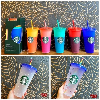 Vaso De Plástico Reutilizable Brillante Con Tapa Y Paja Starbucks Taza , 24 fl oz , Juego De 1 O 5 Colores Cambiantes Regalos Cuento De Hadas (3)