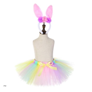sing niños bebé niñas macaron arco iris colorido tutú falda con orejas de conejo flor felpa diadema de pascua conejito cosplay disfraz
