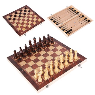 [sudeyte] 3 in 1 Double-Faced Folding Wooden Chess Checkers Backgammon Travel Board Game