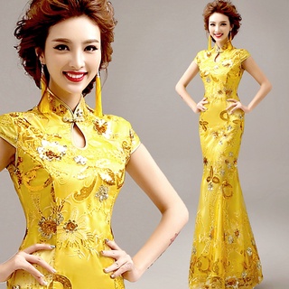 amarillo chino cheongsam etapa rendimiento y mostrar etiqueta de pasarela anfitrión vestido de novia y cheongsam venta al por mayor 6685