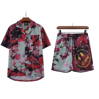#2021 nuevo # (2pcs)drew hombres verano de alta calidad de algodón de manga corta camisas pantalones cortos traje hawaiano tie-teed rojo wintersweet impresión hombres casual camisas pantalones cortos