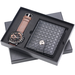 los hombres de la cartera de cuero corto carteras de cuarzo marrón analógico reloj de pulsera mejor set de regalo caja
