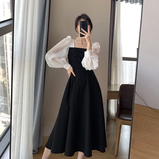 francés cuello cuadrado burbuja manga negro vestido retro sexy temperamento slim-fit vestidos de adelgazamiento (3)
