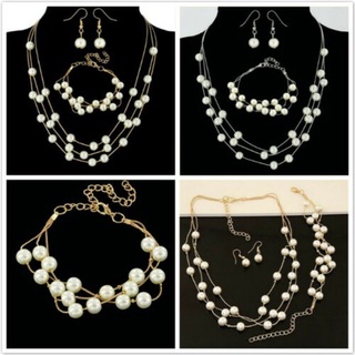 Conjunto de joyas de perlas de imitación para mujer, collar, pendientes, pulsera para fiesta de boda