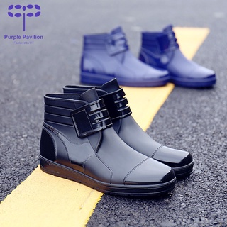 Botas de lluvia resistentes al desgaste de los hombres de fondo plano con Velcro antideslizante y zapatos impermeables (1)
