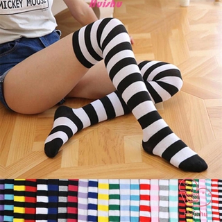 💍Hs💄 12 colores calcetines largos mujeres sobre la rodilla rayas medias de punto algodón moda Casual caliente muslo alto