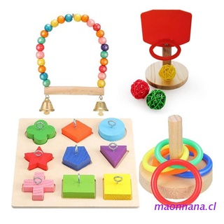 maonn juego de 4 piezas de juguete de pájaro con coloridos anillos de apilamiento de madera bloque rompecabezas swing perca loro entrenamiento baloncesto