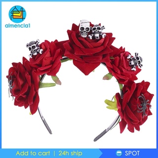 [alm1-9] Diadema de Halloween gótico con cabeza de calavera y rosa roja flor diadema Cosplay tocado accesorios