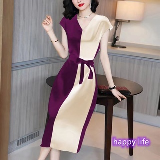 【Warranty】 Women Dress Contrast Color V-neck Short-sleeved Lace-up Waist Fit Mid-length A-line Skirt