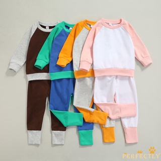 Pft7-Baby otoño chándal conjunto, empalme Color cuello redondo manga larga camiseta + cintura elástica pantalones para niñas, niños, 1-5 años