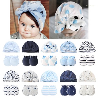 Haha Baby antiarañazos guantes anudados sombrero conjunto bebé recién nacido protector de mano de algodón manoplas gorro Kit