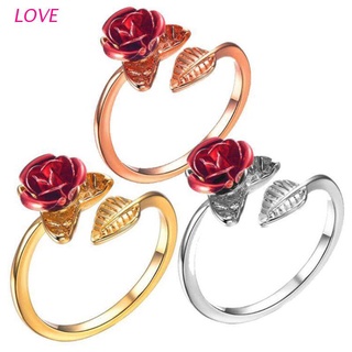 LOVE Romantic Red Rose Ring Band Resizable Garden Flower Leaves Open Finger Rings for Women Valentine's Day Jewelry Gift