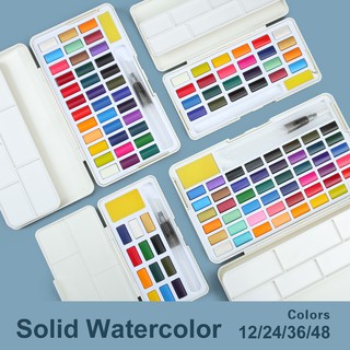 SeamiArt 12/24/36/48 colores sólido acuarela conjunto básico color metálico brillo color con pincel de agua pluma esponja paleta (2)