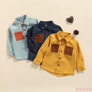 Kidsup-little Boys camisa, creativo Color empalme de doble bolsillo solapa de manga larga Tops de un solo pecho