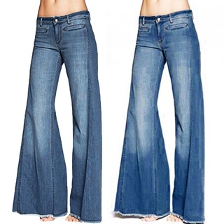 Beautyu_Mujeres Destoryed Flare Jeans botón cintura campana inferior Denim pantalones