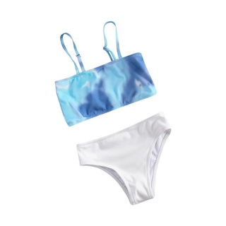 ☽Oz☽Trajes de baño de dos piezas de la niña, Tie Dye Print Tank Bikini Top y Color sólido fondo conjunto (1)