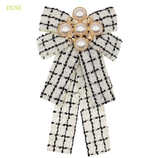 dusk mujeres vintage elegante cuadros rayas impresión pre-atada cuello lazo broche imitación perla joyería cinta lazo corbata corsage para cuello camisa accesorios de ropa (1)