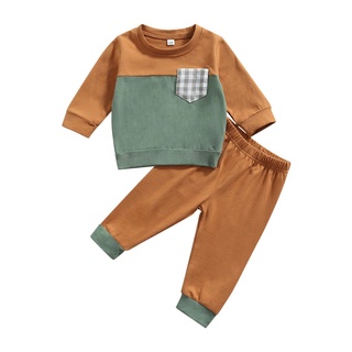 ❀Ia♔2 piezas de trajes casuales para bebés, bebé niños bloque de Color de manga larga cuello redondo sudadera + pantalones
