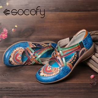 socofy vintage paisley contraste empalme de cuero correa elástica deslizamiento en cuña zapatos casuales (1)
