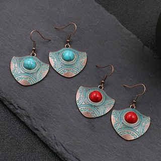 Pendientes vintage para mujer geométrico tallado rojo azul turquesa piedra étnica ganchos pendientes bohemio joyería étnica