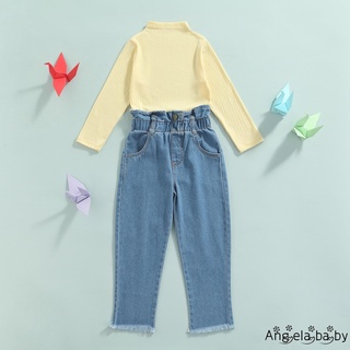 Hian-2 piezas de trajes de Color sólido para bebés, niñas de manga larga cuello redondo jersey + pantalones vaqueros de dobladillo crudos deshilachados con bolsillos