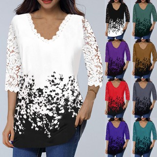 Blusa de encaje para mujer de Moda 3/4 V camiseta de dama Blusa Floral Blusa Túnica Tops talla grande
