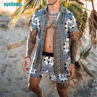 [Yel] Conjunto De Camisa De Manga corta hawaiana De hombre con 2 piezas Para playa